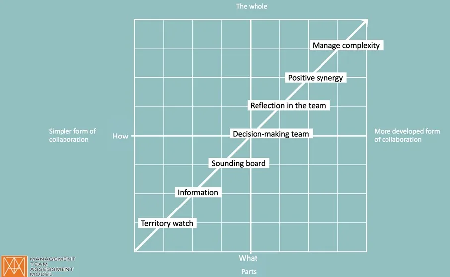Diagram with grid and diagonal arrow from bottom left to top right.
                                      Stages: Territoriality, Information, Sounding board, Decision group, Group reflection, Positive synergy, Handling complexity.
                                      X-axis: 'Parts (What)'. Y-axis: 'How', with 'Whole' at the top.